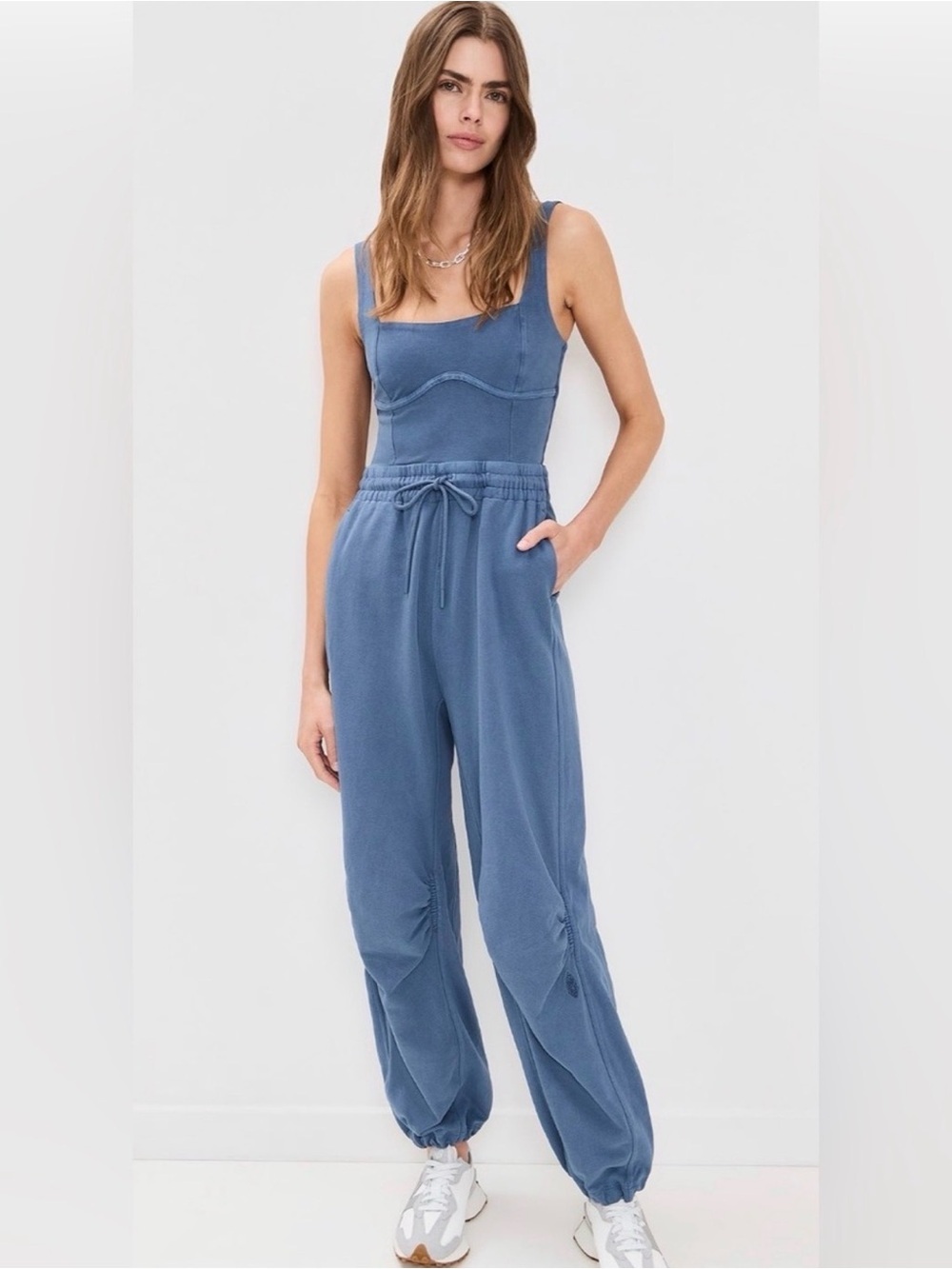 FP Movement by Free People Blue Sleeveless Drawstring Jogger Jumpsuit